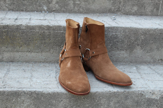 Handmade Men's Leather Beige Suede Ring Strap Side Zipper Jodhpur Boot
