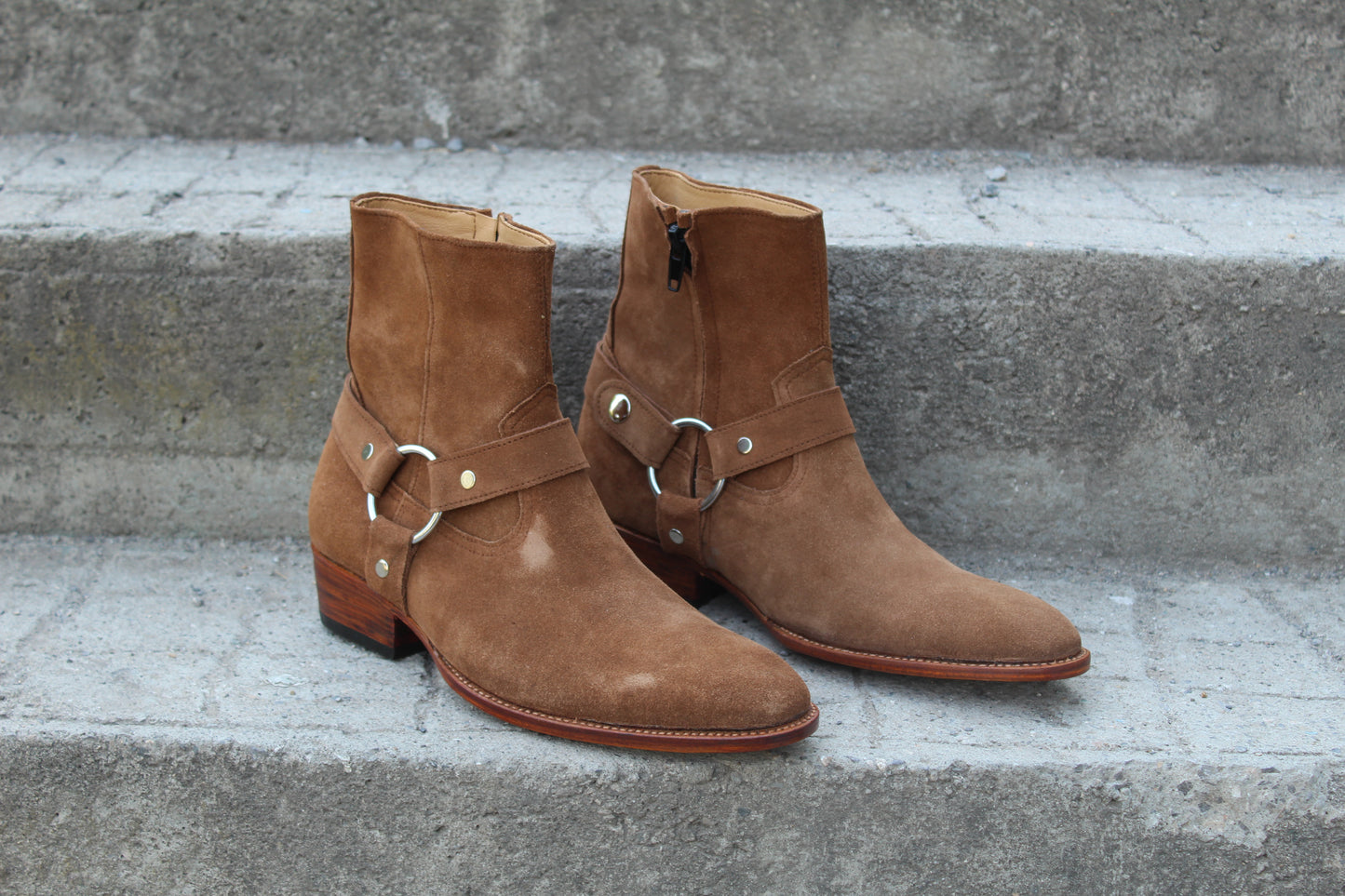 Handmade Men's Leather Beige Suede Ring Strap Side Zipper Jodhpur Boot