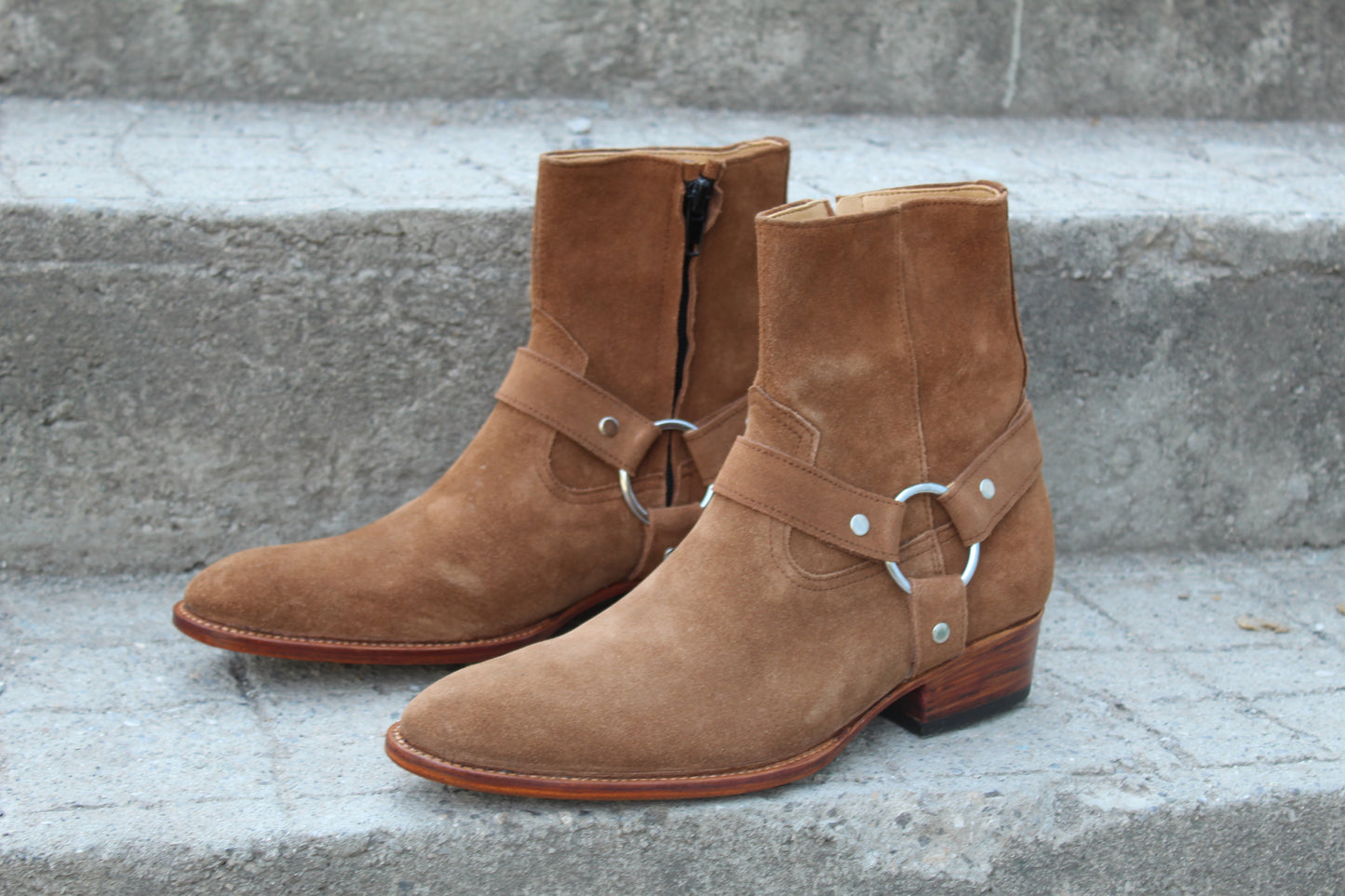 Handmade Men's Leather Beige Suede Ring Strap Side Zipper Jodhpur Boot