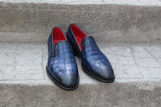 Handmade Men's Blue Crocodile Texture Leather Slip On Loafer Moccasin Shoes