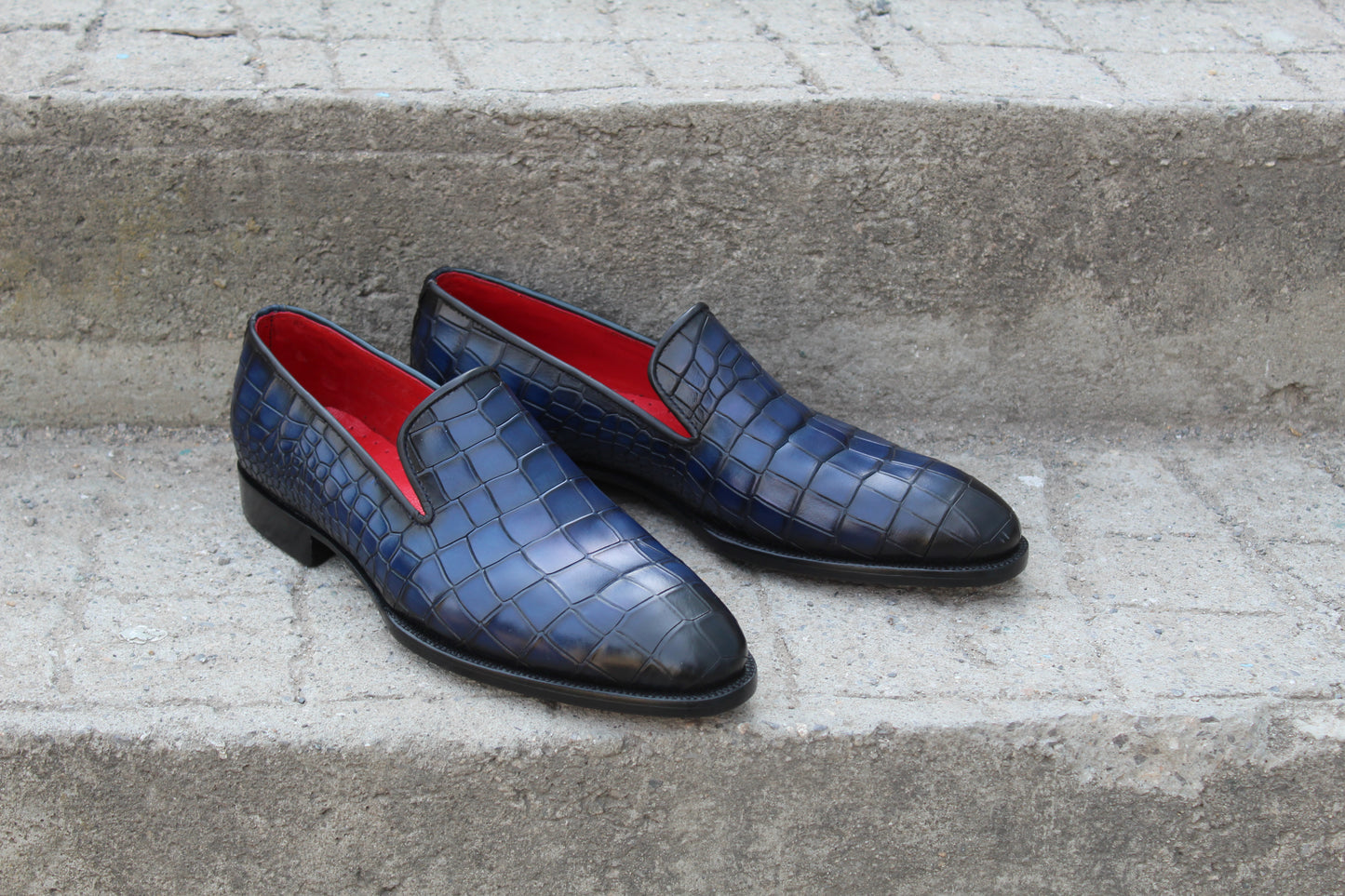 Handmade Men's Blue Crocodile Texture Leather Slip On Loafer Moccasin Shoes