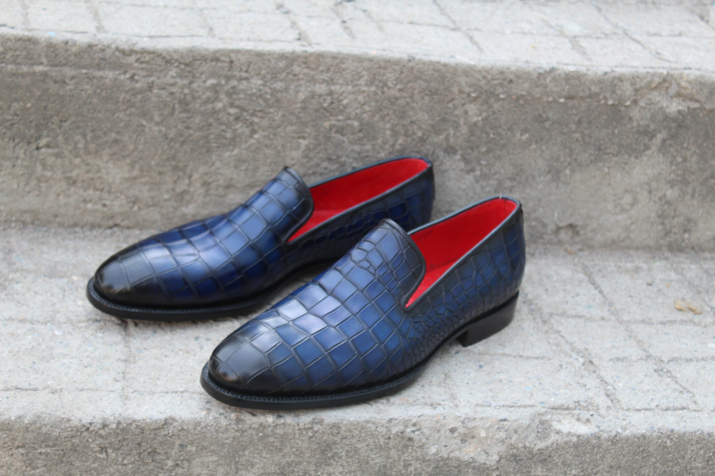 Handmade Men's Blue Crocodile Texture Leather Slip On Loafer Moccasin Shoes