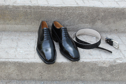 Handmade Men's Leather Black Lace Up Cap Toe Oxford Shoes