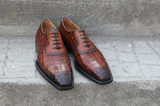 Handmade Men's Crocodile Texture Brown Leather Lace Up Oxford Shoes