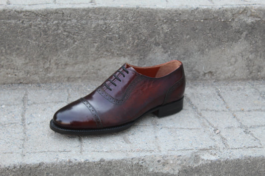 Handmade Men's Burgundy Calf Brown Leather Lace Up Cap Toe Oxford Shoes