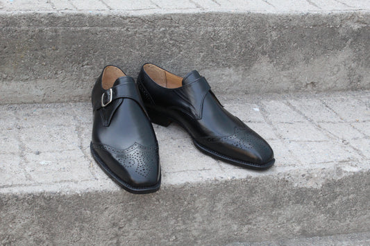 Handmade Men's Leather Black Wingtip Buckle Strap Monk Shoes