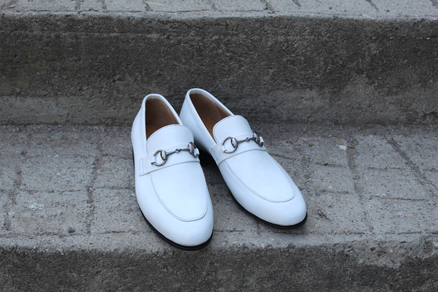 Handmade Men's Leather White Slip On Loafer Buckle Moccasin Shoes