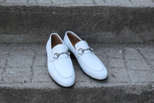 Handmade Men's Leather White Slip On Loafer Buckle Moccasin Shoes