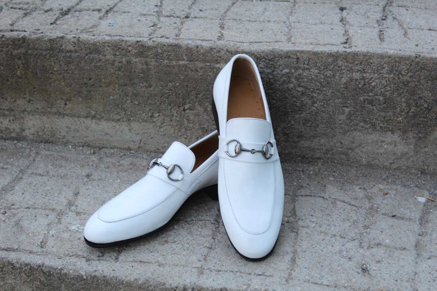 Handmade Men's Leather White Slip On Loafer Buckle Moccasin Shoes