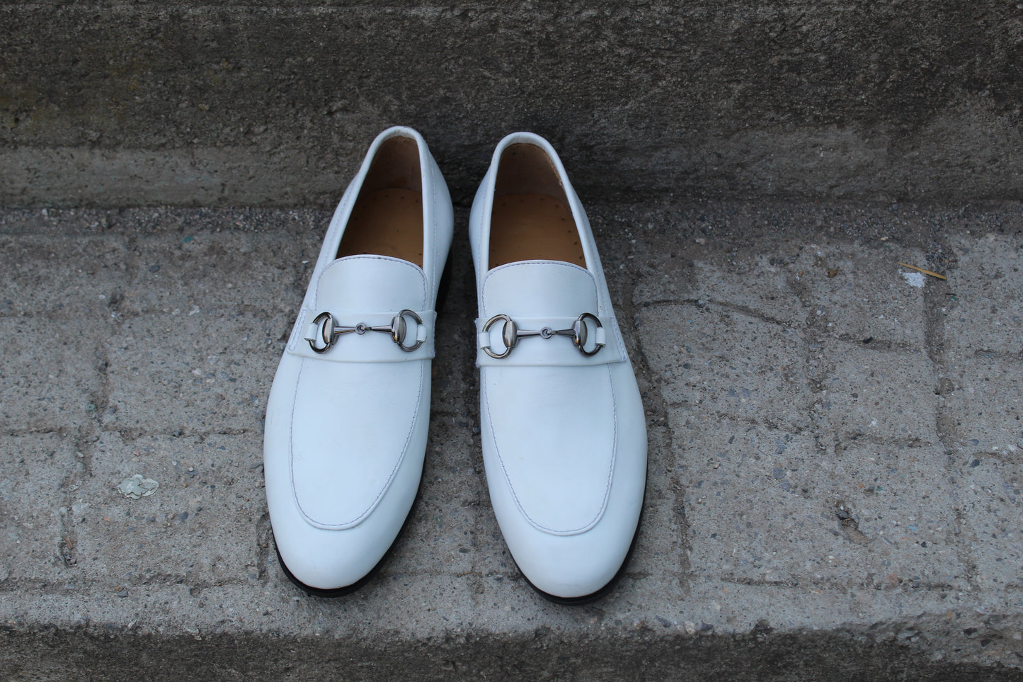 Handmade Men's Leather White Slip On Loafer Buckle Moccasin Shoes