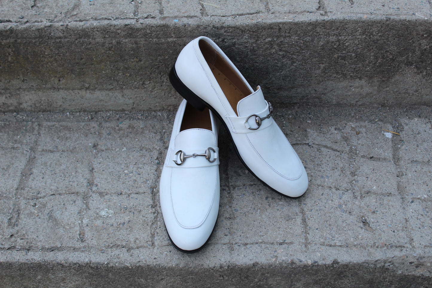 Handmade Men's Leather White Slip On Loafer Buckle Moccasin Shoes