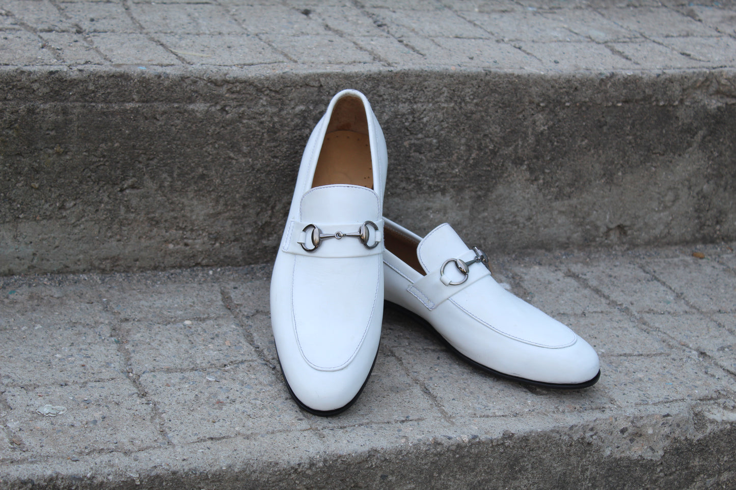 Handmade Men's Leather White Slip On Loafer Buckle Moccasin Shoes