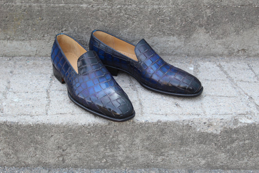 Handmade Men's Blue Crocodile Texture Leather Slip On Loafer Moccasin Shoes