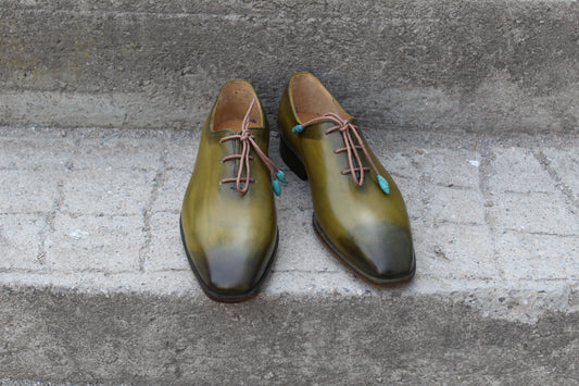 Handmade Men's Olive Green Leather Lace Up Plain Oxford Shoes