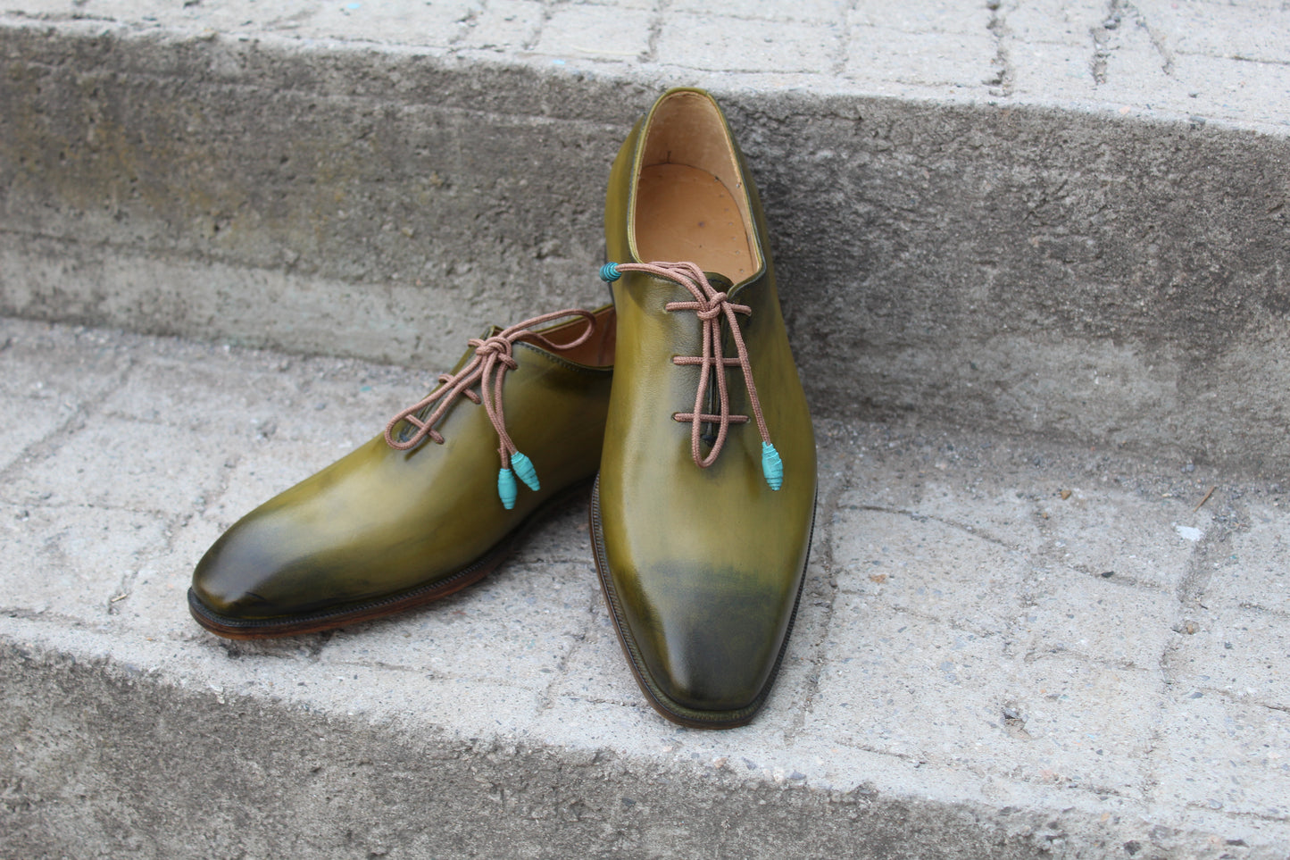 Handmade Men's Olive Green Leather Lace Up Plain Oxford Shoes