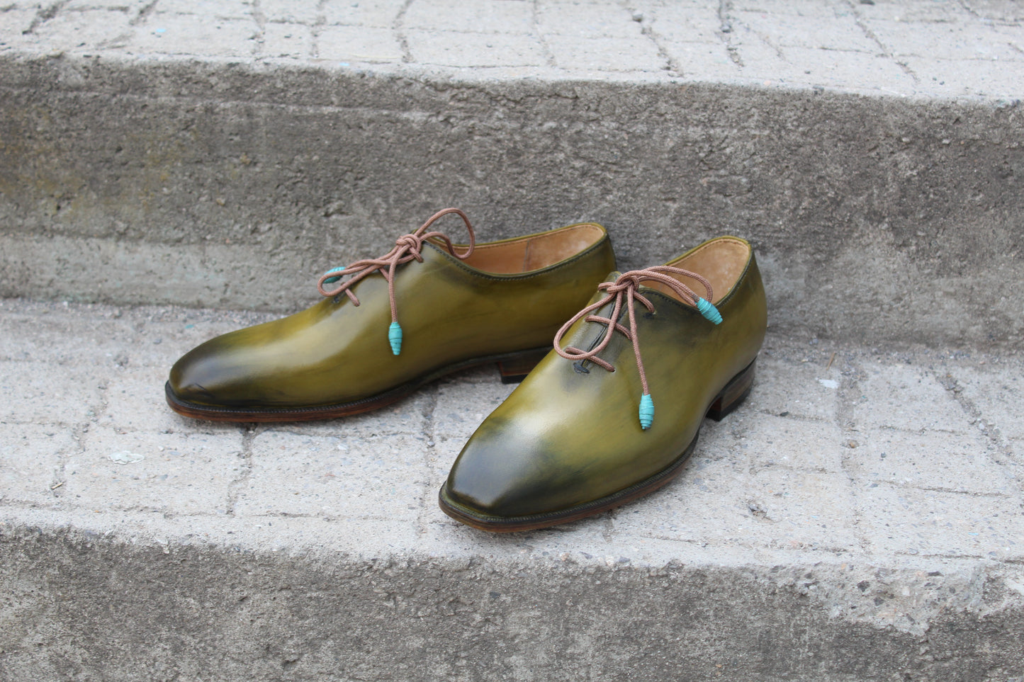 Handmade Men's Olive Green Leather Lace Up Plain Oxford Shoes