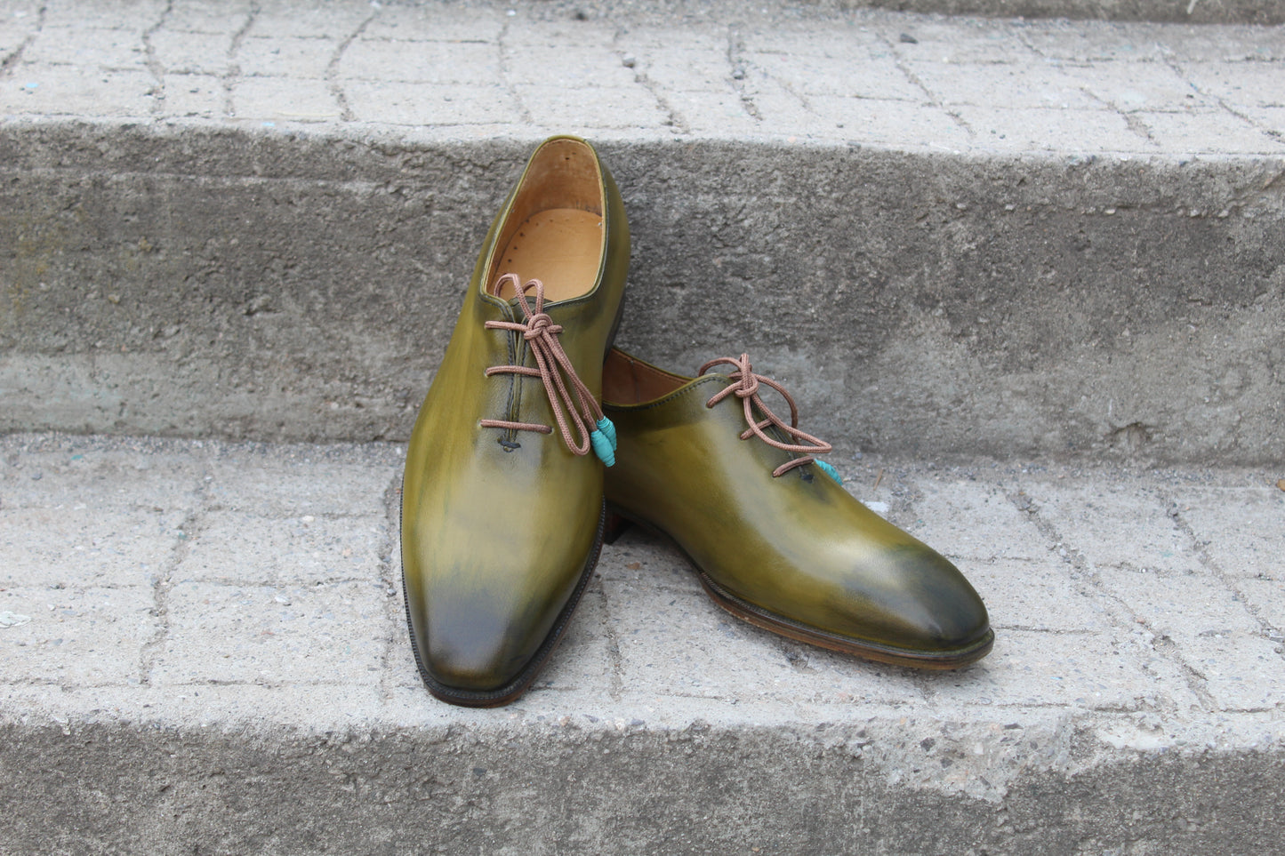 Handmade Men's Olive Green Leather Lace Up Plain Oxford Shoes