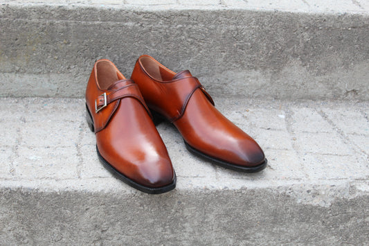 Handmade Men's Tan Leather Buckle Monk Strap Shoes