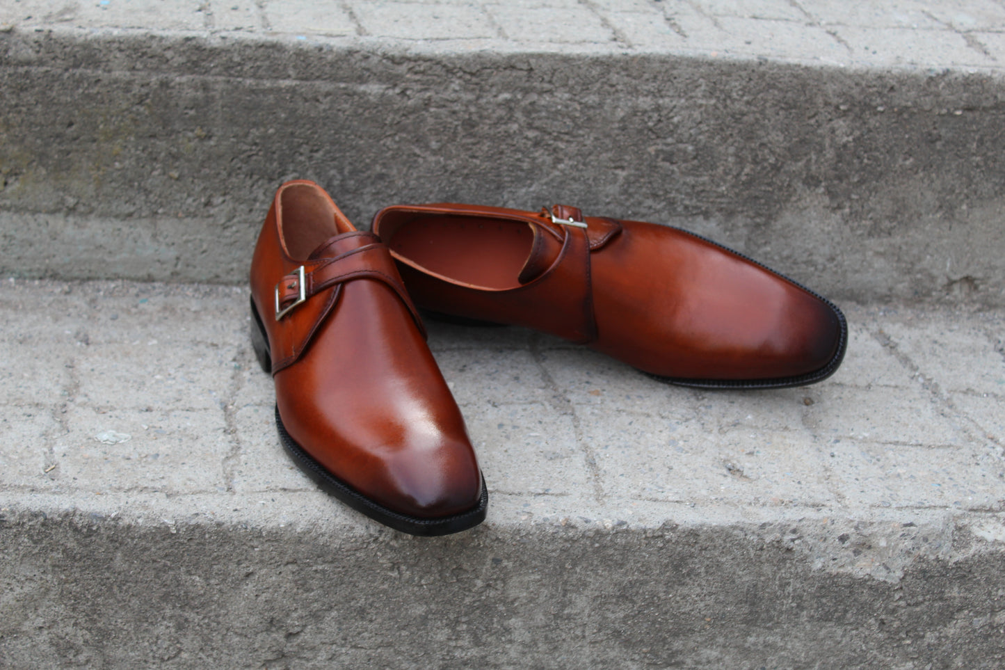Handmade Men's Tan Leather Buckle Monk Strap Shoes