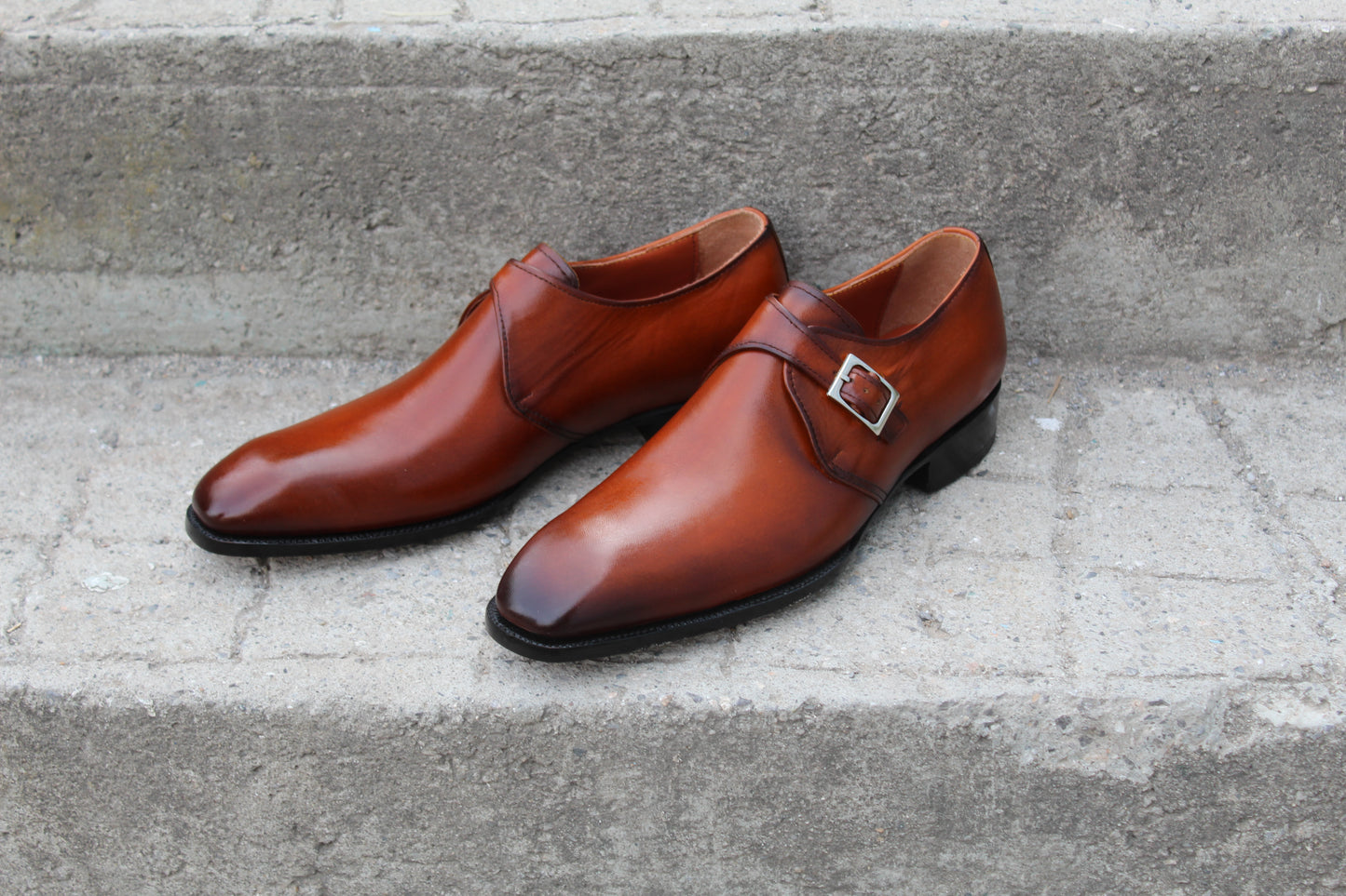 Handmade Men's Tan Leather Buckle Monk Strap Shoes