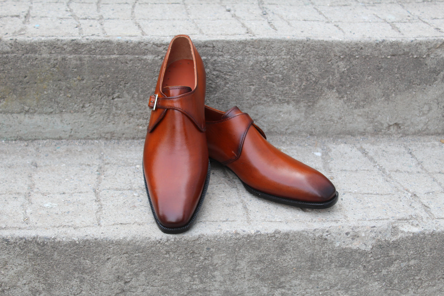 Handmade Men's Tan Leather Buckle Monk Strap Shoes