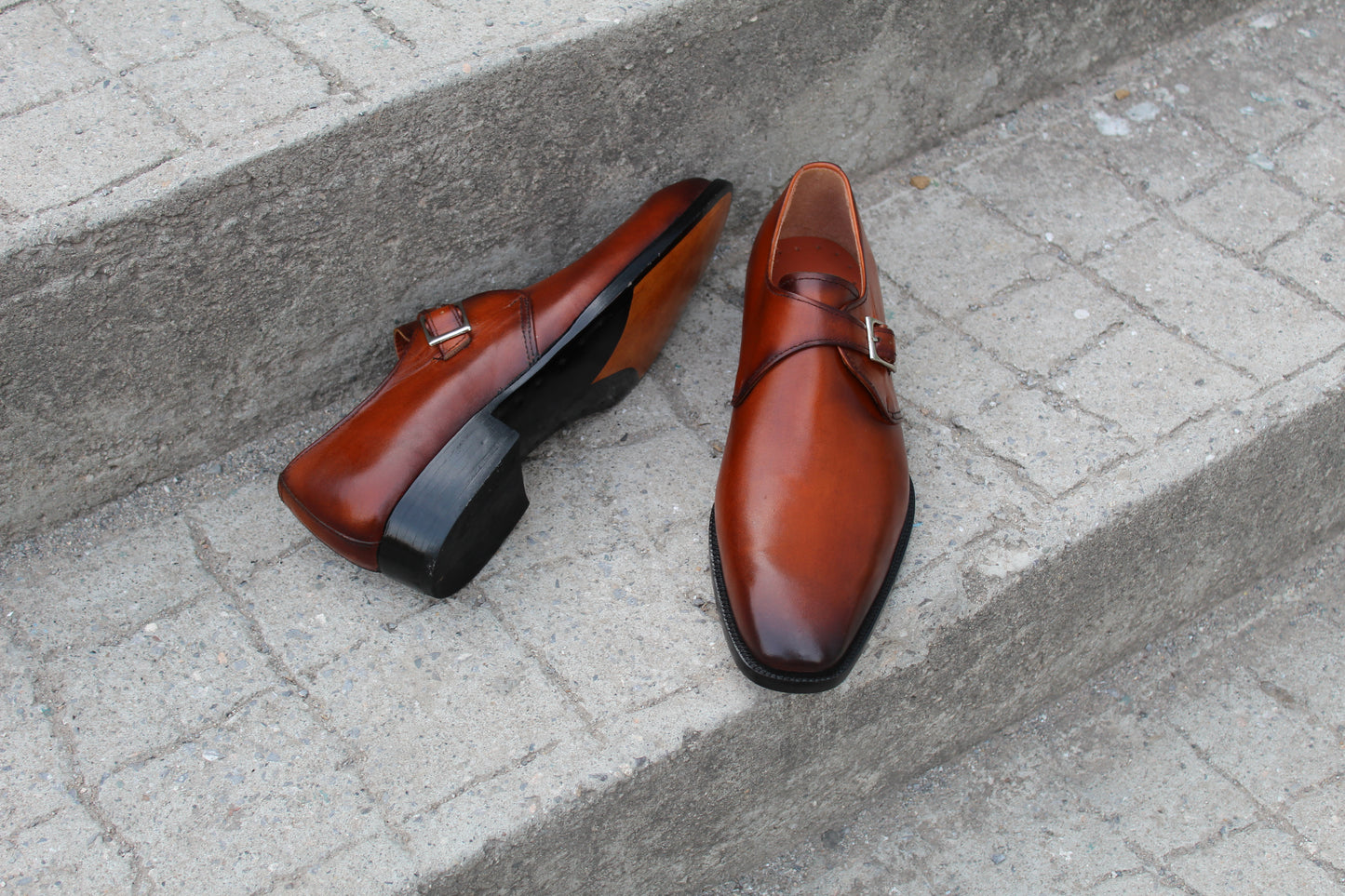 Handmade Men's Tan Leather Buckle Monk Strap Shoes