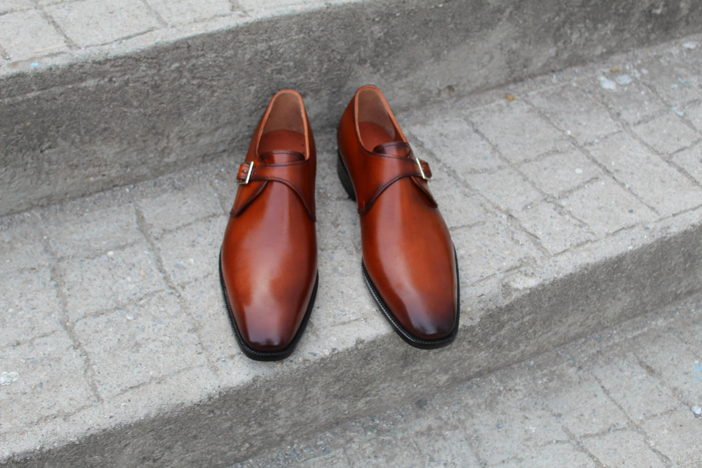 Handmade Men's Tan Leather Buckle Monk Strap Shoes
