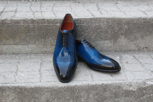 Handmade Men's Blue Patina Leather Lace Up Plain Oxford Shoes