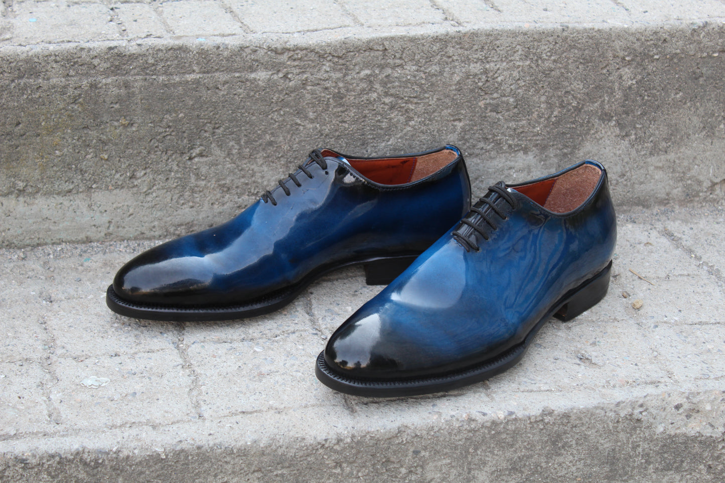 Handmade Men's Blue Patina Leather Lace Up Plain Oxford Shoes
