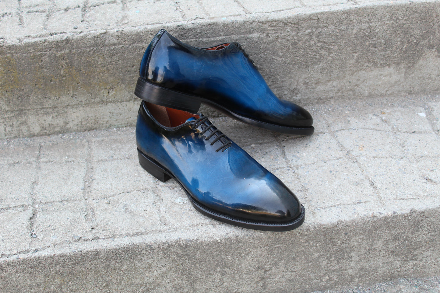 Handmade Men's Blue Patina Leather Lace Up Plain Oxford Shoes