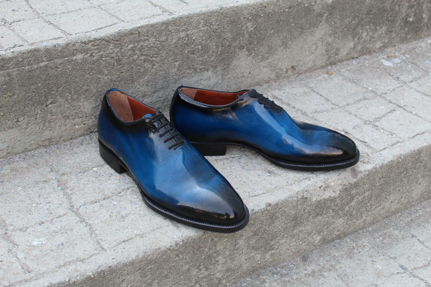Handmade Men's Blue Patina Leather Lace Up Plain Oxford Shoes