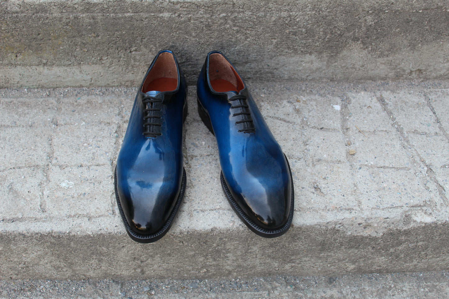 Handmade Men's Blue Patina Leather Lace Up Plain Oxford Shoes