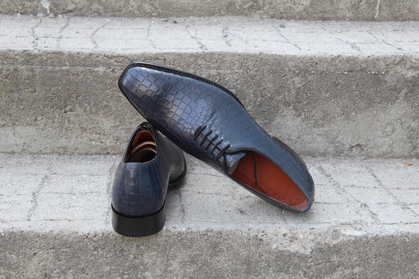 Handmade Men's Navy Blue Crocodile Leather Plain Oxford Dress Shoes