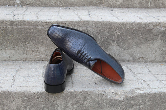 Handmade Men's Navy Blue Crocodile Leather Plain Oxford Dress Shoes