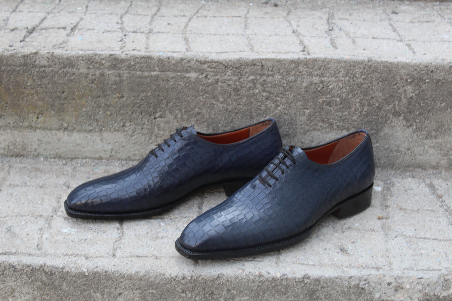 Handmade Men's Navy Blue Crocodile Leather Plain Oxford Dress Shoes