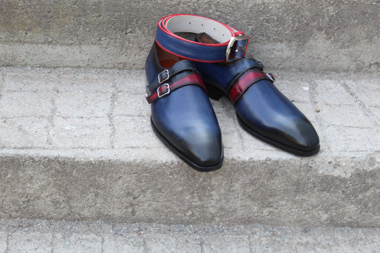 Handmade Men's Two Tone Double Buckle Monk Strap Shoes