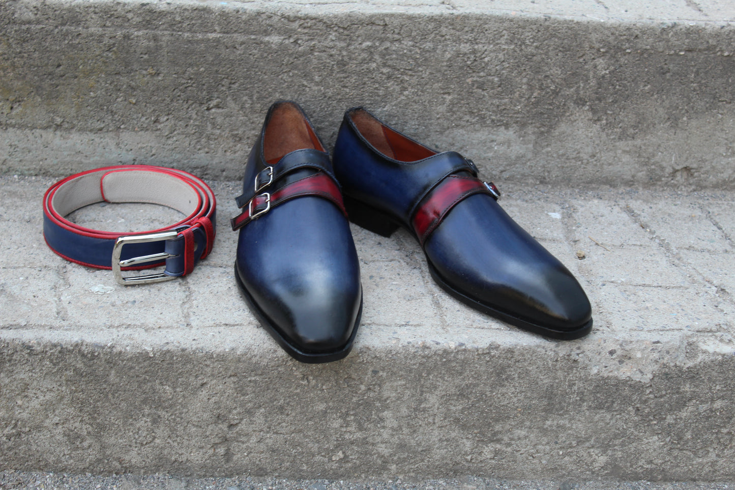 Handmade Men's Two Tone Double Buckle Monk Strap Shoes