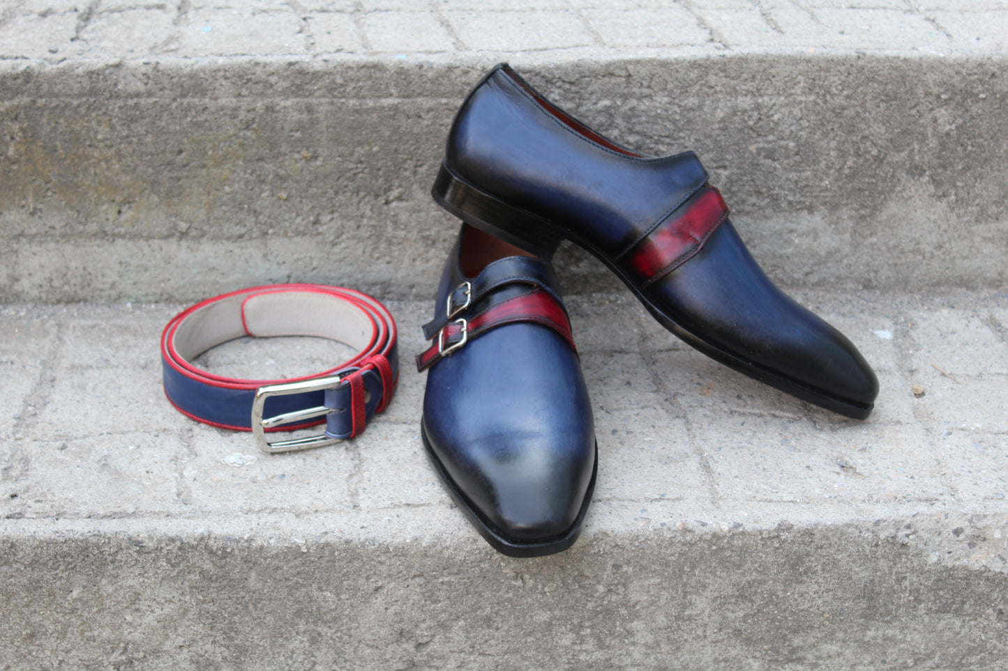 Handmade Men's Two Tone Double Buckle Monk Strap Shoes