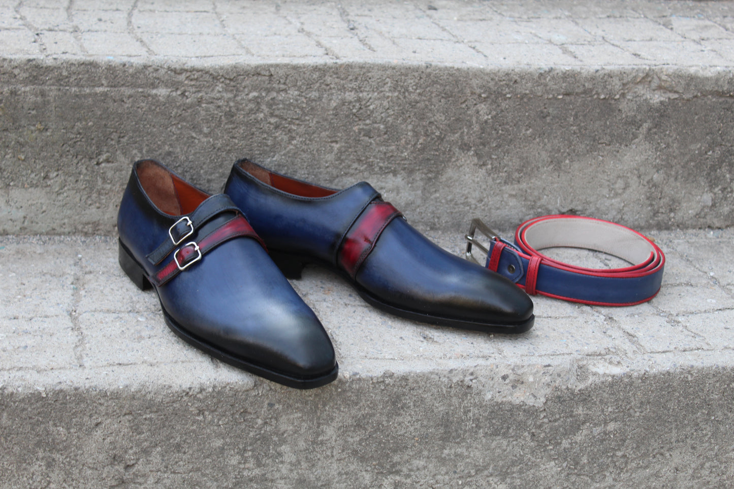 Handmade Men's Two Tone Double Buckle Monk Strap Shoes