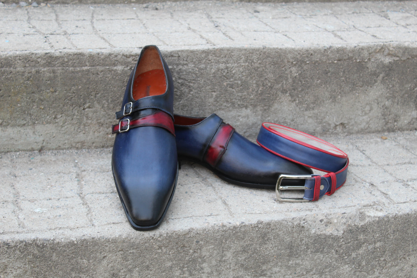Handmade Men's Two Tone Double Buckle Monk Strap Shoes