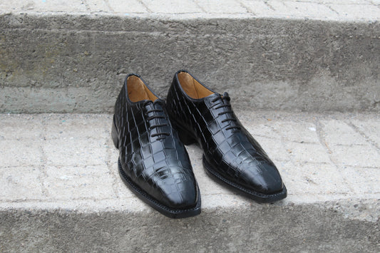 Handmade Men's Black Crocodile Leather Plain Oxford Shoes