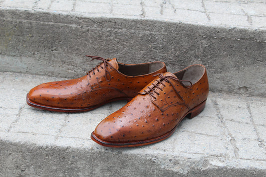 Handmade Men's Tan Ostrich Leather Lace Up Derby Shoes