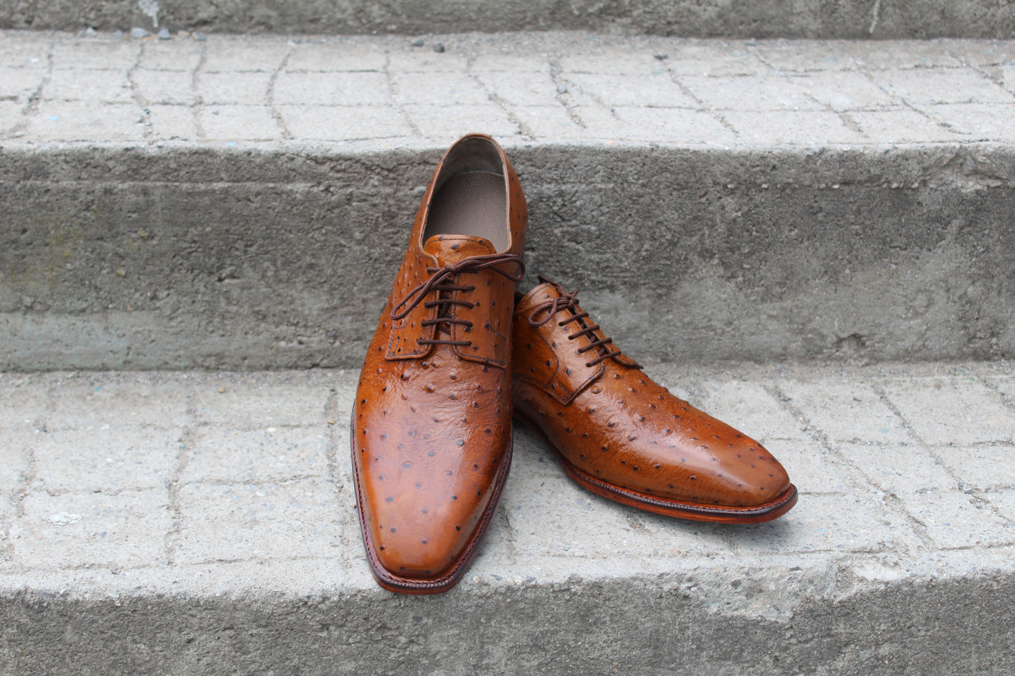 Handmade Men's Tan Ostrich Leather Lace Up Derby Shoes