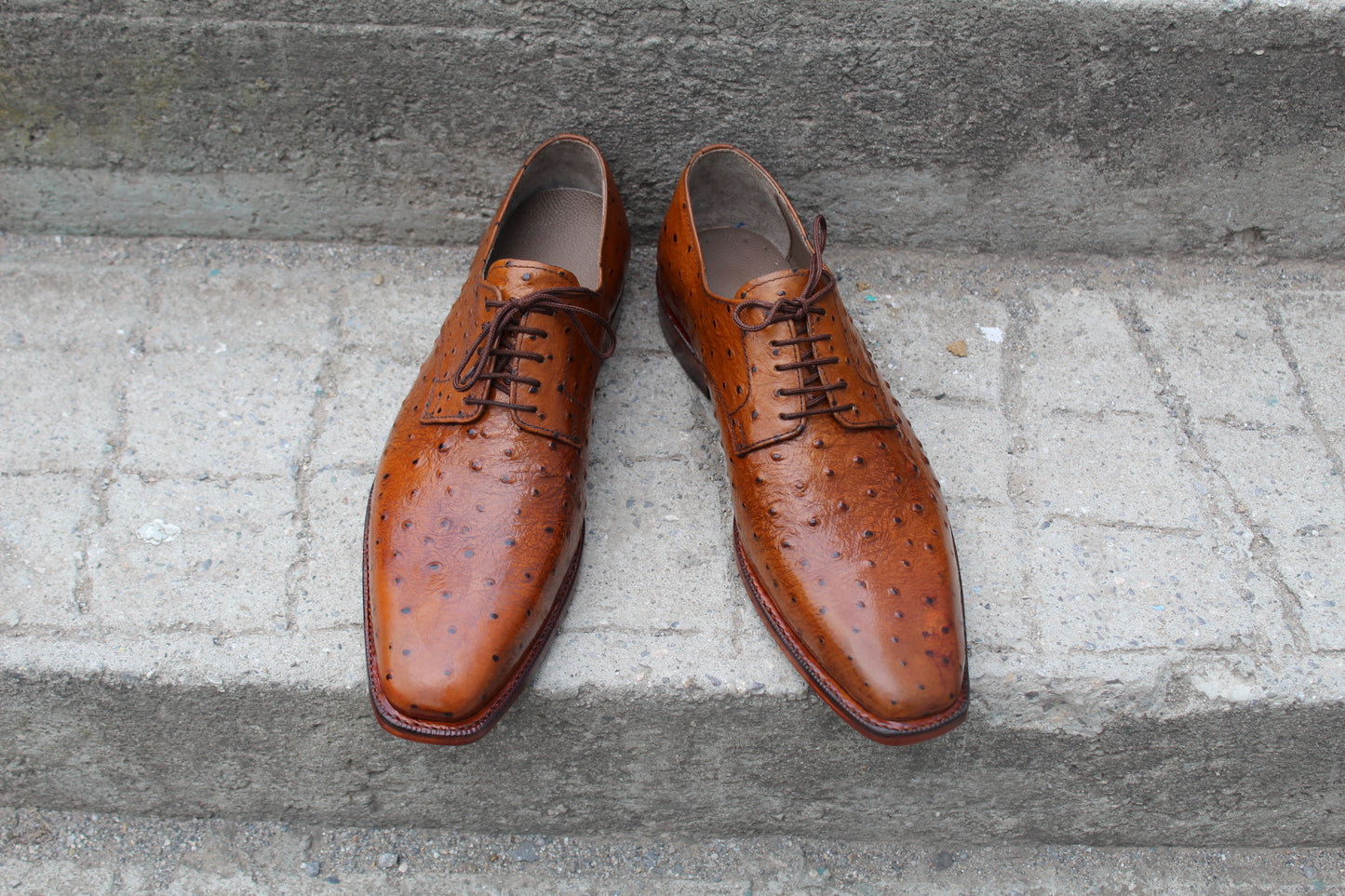 Handmade Men's Tan Ostrich Leather Lace Up Derby Shoes