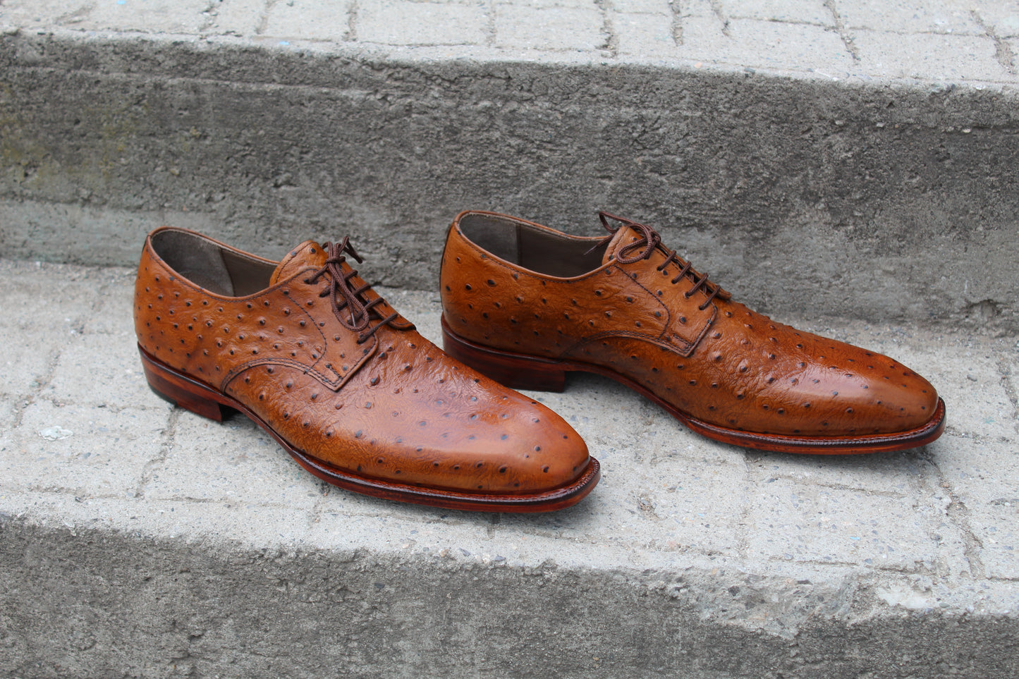 Handmade Men's Tan Ostrich Leather Lace Up Derby Shoes