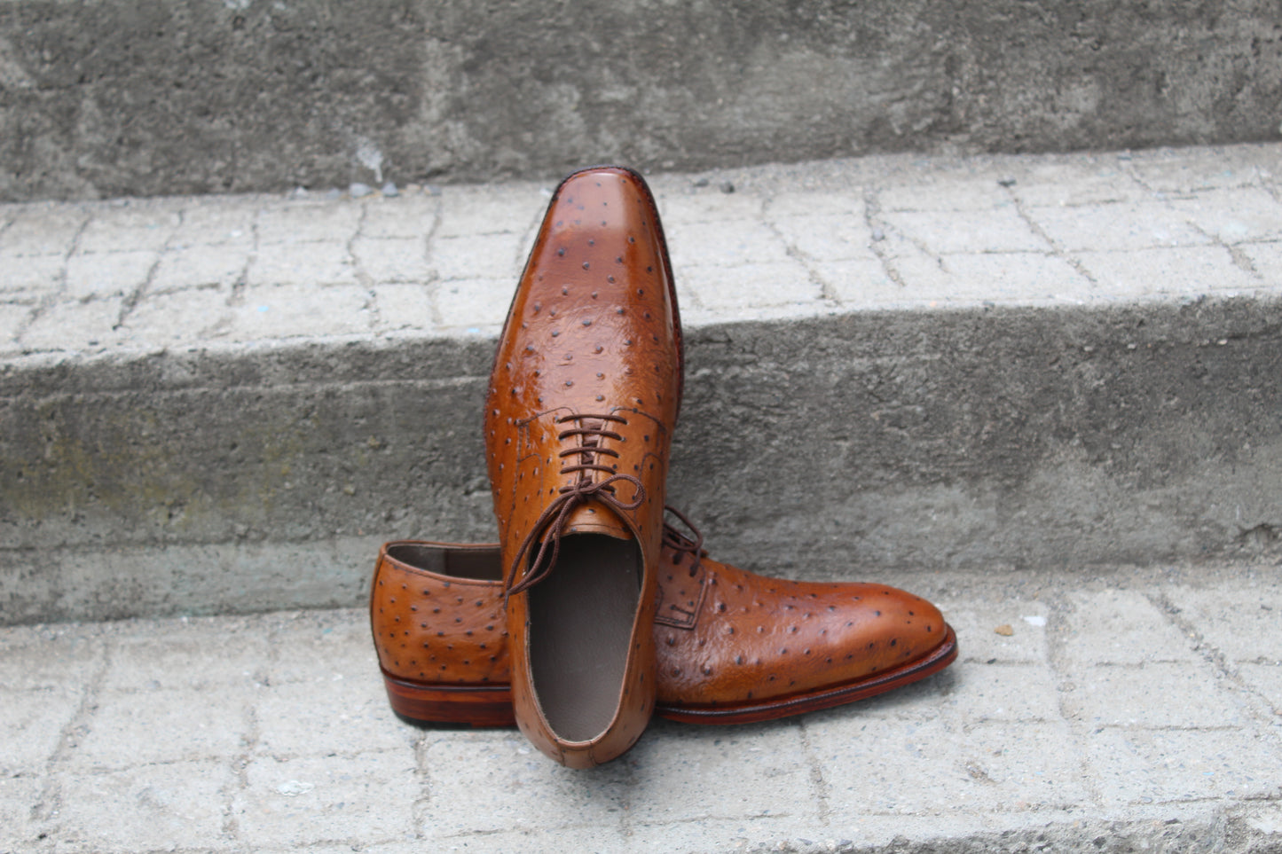 Handmade Men's Tan Ostrich Leather Lace Up Derby Shoes