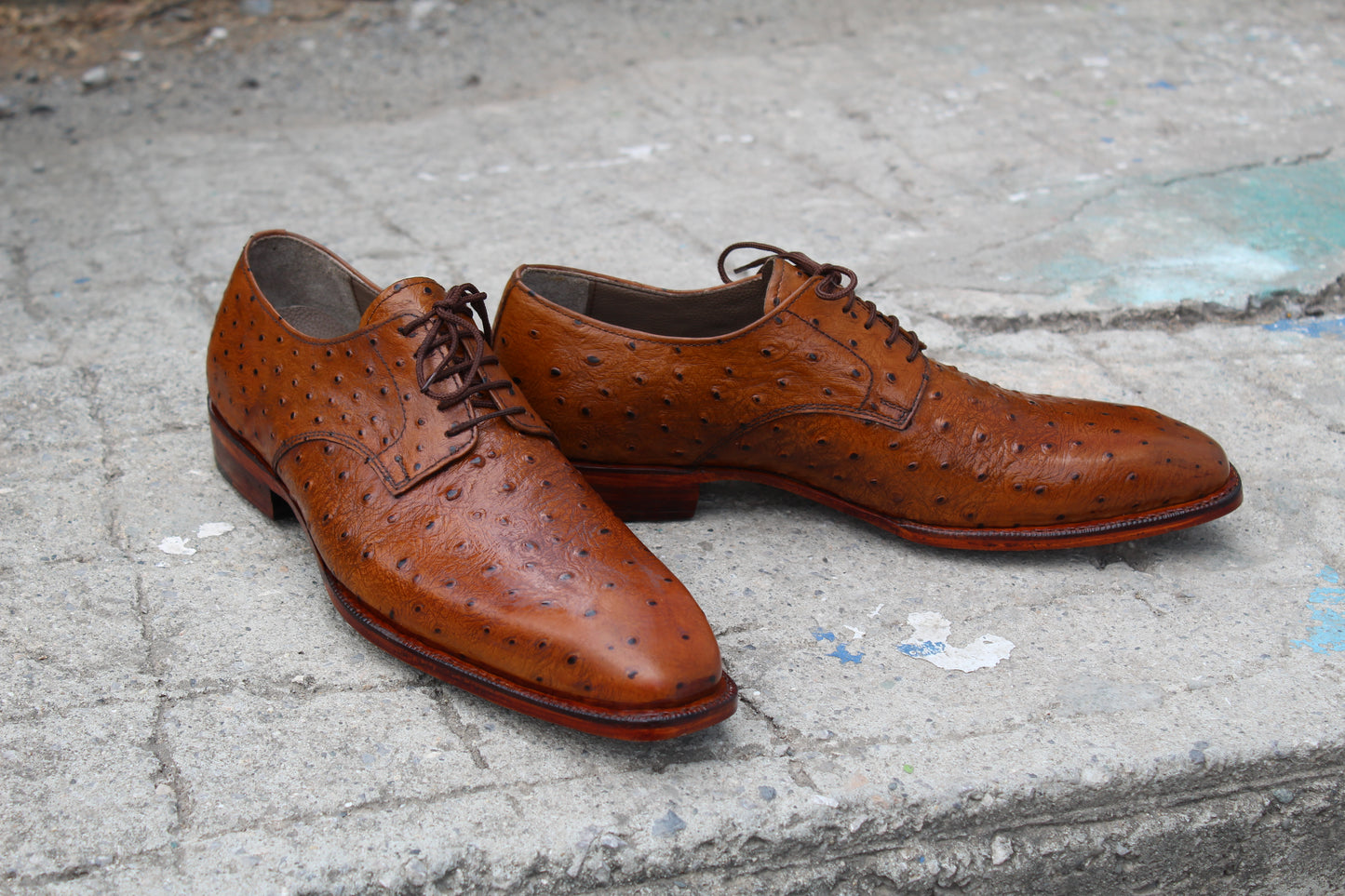 Handmade Men's Tan Ostrich Leather Lace Up Derby Shoes