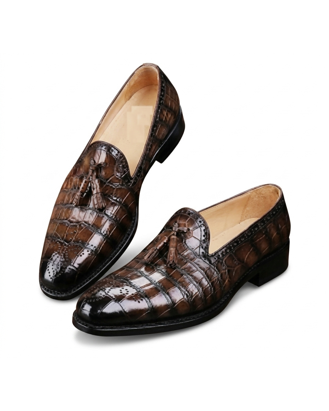 Handmade men's Le Moccasin Croco Patiné leather loafers with crocodile texture