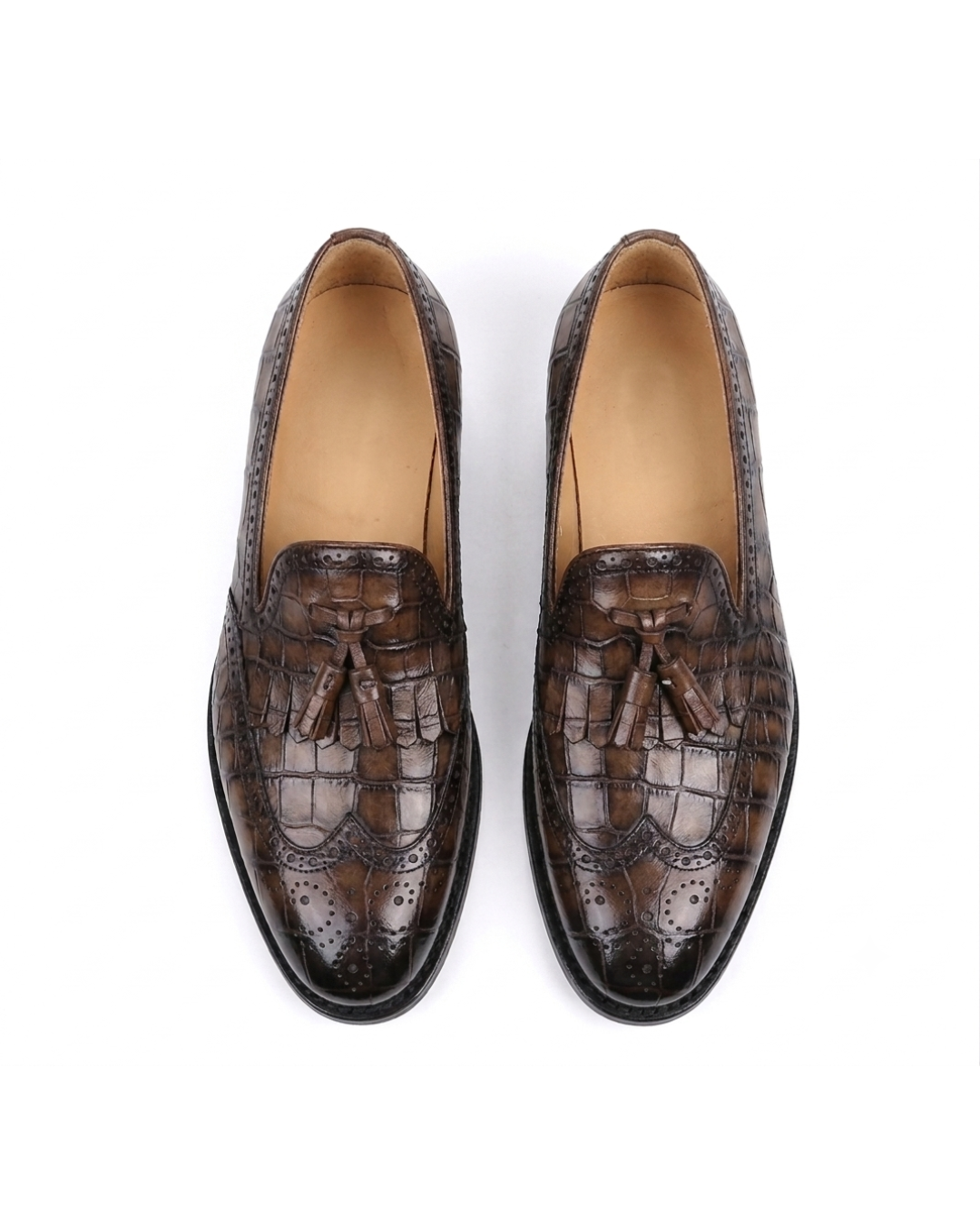 Handmade men's Le Moccasin Croco Patiné leather loafers with crocodile texture