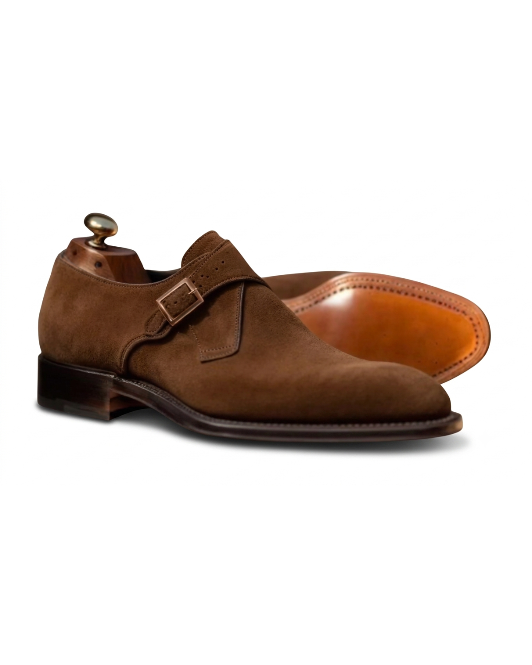 Handmade men's suede buckle monk strap shoes
